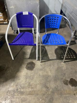 Brand New! Blue Outdoor Stackable Dining Chairs! With Metal Frame & Arms! 2X Your Bid!