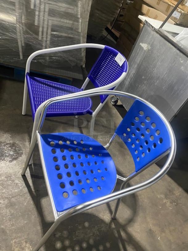Brand New! Blue Outdoor Stackable Dining Chairs! With Metal Frame & Arms! 2X Your Bid! - Image 2 of 8