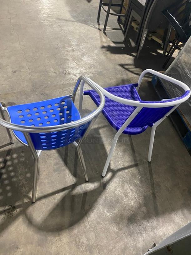 Brand New! Blue Outdoor Stackable Dining Chairs! With Metal Frame & Arms! 2X Your Bid! - Image 3 of 8