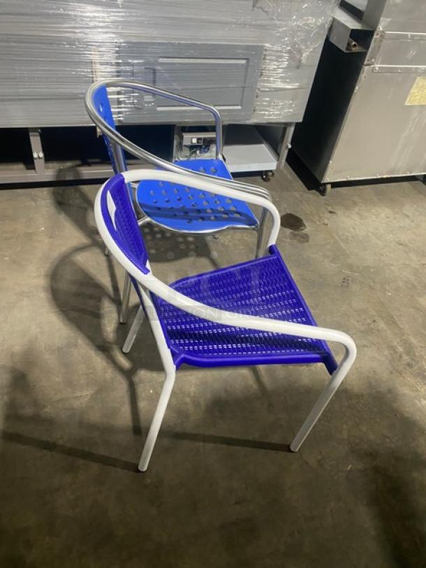 Brand New! Blue Outdoor Stackable Dining Chairs! With Metal Frame & Arms! 2X Your Bid! - Image 4 of 8