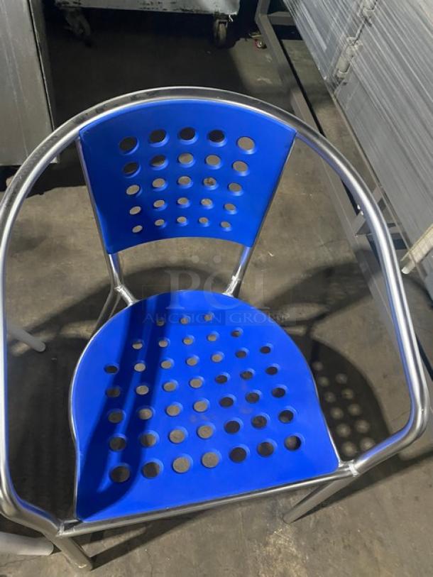 Brand New! Blue Outdoor Stackable Dining Chairs! With Metal Frame & Arms! 2X Your Bid! - Image 6 of 8