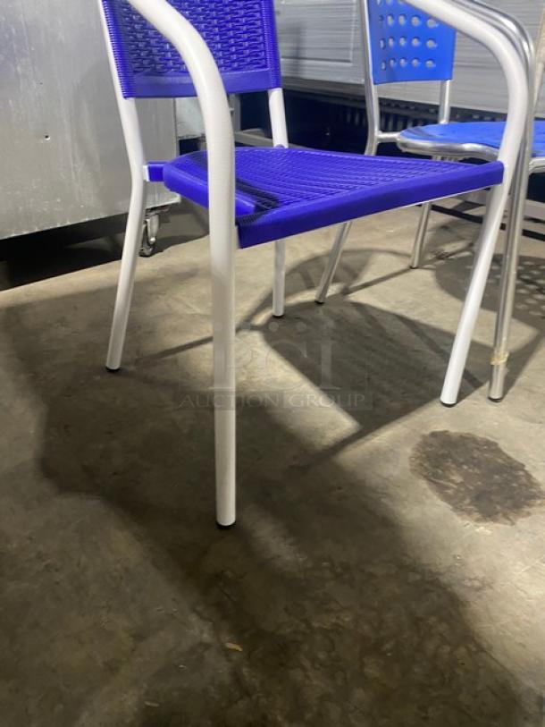 Brand New! Blue Outdoor Stackable Dining Chairs! With Metal Frame & Arms! 2X Your Bid! - Image 7 of 8