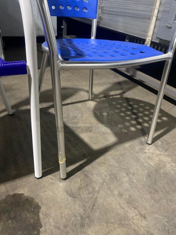Brand New! Blue Outdoor Stackable Dining Chairs! With Metal Frame & Arms! 2X Your Bid! - Image 8 of 8