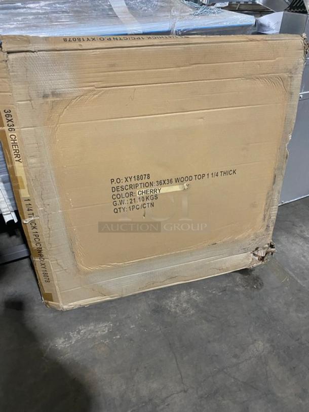 BRAND NEW! IN THE BOX! 36 x 36 Inch Wood Top Square Dining Table! 1 1/4 Inch Thick! Cherry Color! With Base! - Image 10 of 10