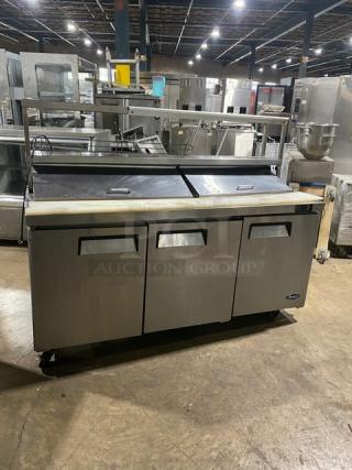 Atosa Commercial Refrigerated Mega Top Salad/Sandwich Prep Table! With 3 Door Refrigerated Storage Underneath! With Double Overhead Shelves! With Steam Table/Hotel Pans! All Stainless Steel! With Poly Coated Racks! With Full Size Cutting Board!  115V 1 Phase! Model: MSF8304 SN: MSF8304AUS100317022100C40010!