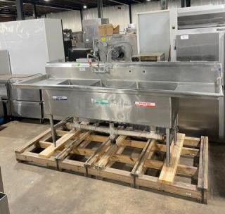 Commercial 3 Bay Dishwashing Sink! With Side Drain Boards! All Stainless Steel! With Faucet! On Legs!