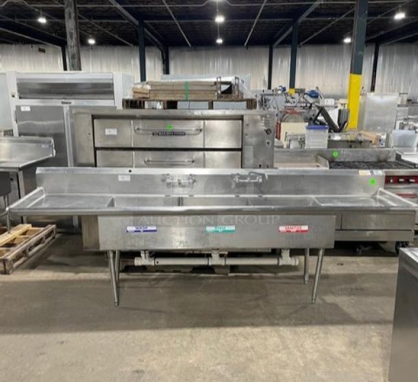 Commercial 3 Bay Dishwashing Sink! With Side Drain Boards! All Stainless Steel! With 2 Faucets! On Legs! - Image 1 of 10