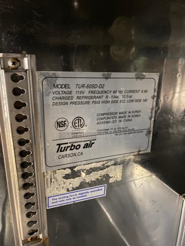 Turbo Air Commercial Refrigerated Single Door/Double Drawer Lowboy/Worktop Cooler! All Stainless Steel! On Casters! 115V! Model: TUR-60SD-D2! - Image 7 of 8