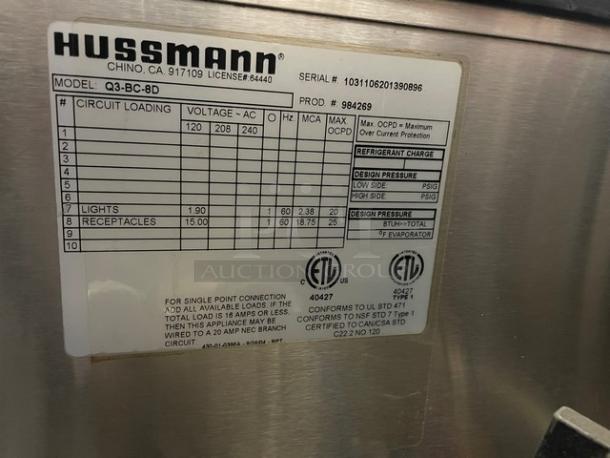 Hussmann Commercial Refrigerated Multi-Deck Meat/Deli Display Case Merchandiser! All Stainless Steel! With Tempered, Non-Glare, Lift-Up Curved Front Glass! With Large Glass Sliding Rear Doors! With LED Lights!  120/208/240V 1 Phase! Model: Q3-BC SN: 1031106201390895 / SN: 1031106201390896! Remote Compressor/No Compressor! 2X Your Bid Makes One Unit! - Image 11 of 11