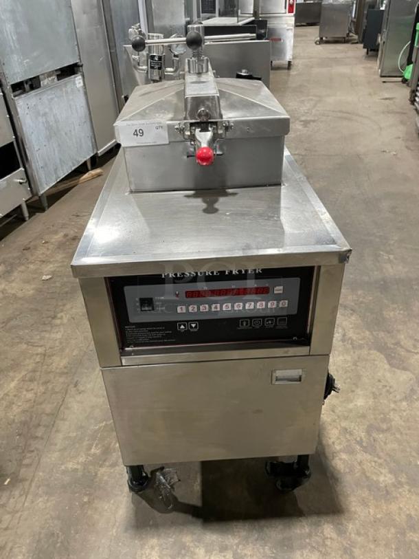 All Stainless Steel Commercial Liquid Propane Gas Powered Pressure Fryer! With Digital Menu Panel! With Built-in Oil Filter System & Oil Pump! With Frying Basket! All Stainless Steel! On Casters! 110V! Model: YXY-25D! - Image 1 of 10