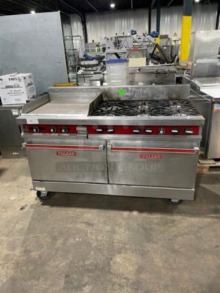 Vulcan Commercial Natural Gas Powered 6 Burner Range Split Top With Flat Griddle! With 2 Full Sized Ovens Underneath! All Stainless Steel! With Metal Oven Racks! On Casters! Working When Removed!