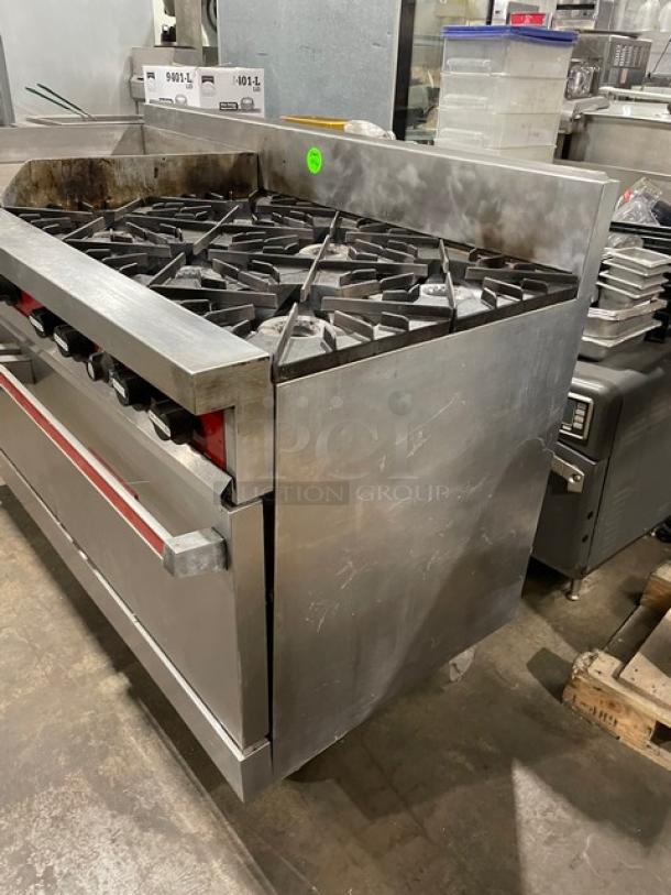 Vulcan Commercial Natural Gas Powered 6 Burner Range Split Top With Flat Griddle! With 2 Full Sized Ovens Underneath! All Stainless Steel! With Metal Oven Racks! On Casters! Working When Removed! - Image 2 of 11