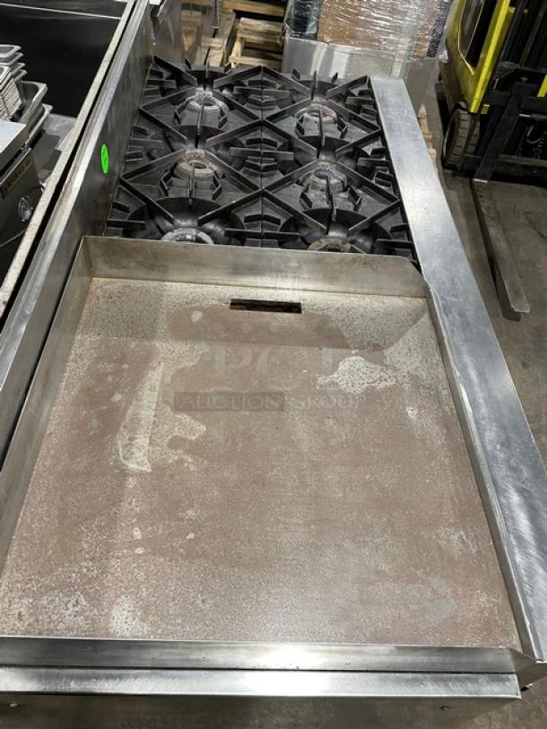 Vulcan Commercial Natural Gas Powered 6 Burner Range Split Top With Flat Griddle! With 2 Full Sized Ovens Underneath! All Stainless Steel! With Metal Oven Racks! On Casters! Working When Removed! - Image 5 of 11