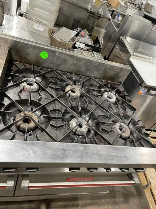 Vulcan Commercial Natural Gas Powered 6 Burner Range Split Top With Flat Griddle! With 2 Full Sized Ovens Underneath! All Stainless Steel! With Metal Oven Racks! On Casters! Working When Removed! - Image 7 of 11