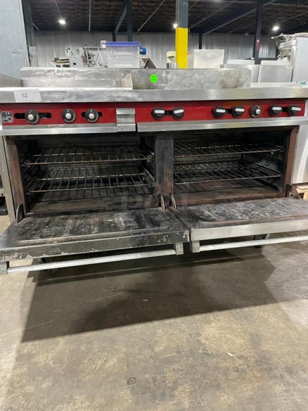 Vulcan Commercial Natural Gas Powered 6 Burner Range Split Top With Flat Griddle! With 2 Full Sized Ovens Underneath! All Stainless Steel! With Metal Oven Racks! On Casters! Working When Removed! - Image 9 of 11