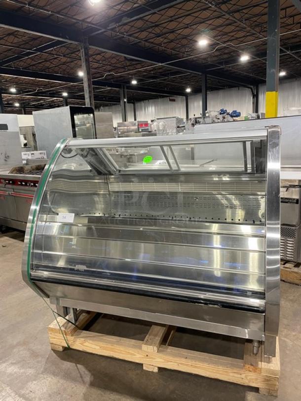 Hussmann Commercial Non-Glare Curved Lift Up Front Glass Gelato/Ice Cream Freezer Merchandiser/Display Case! With 2 Sliding Door Rear Access! All Stainless Steel! With Air Sweep Defogger! On Legs! 120/208/240V! Model: Q1-LC-4-R SN: 1031028201390552! - Image 1 of 8