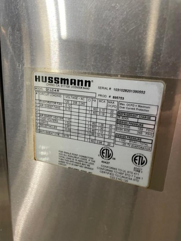 Hussmann Commercial Non-Glare Curved Lift Up Front Glass Gelato/Ice Cream Freezer Merchandiser/Display Case! With 2 Sliding Door Rear Access! All Stainless Steel! With Air Sweep Defogger! On Legs! 120/208/240V! Model: Q1-LC-4-R SN: 1031028201390552! - Image 7 of 8