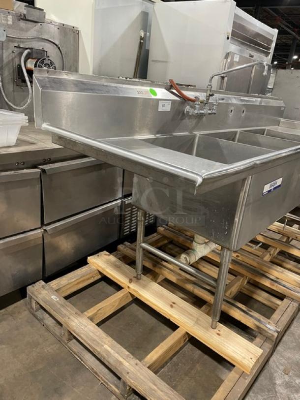 Commercial 3 Bay Dishwashing Sink! With Side Drain Boards! All Stainless Steel! With Faucet! On Legs! - Image 3 of 8
