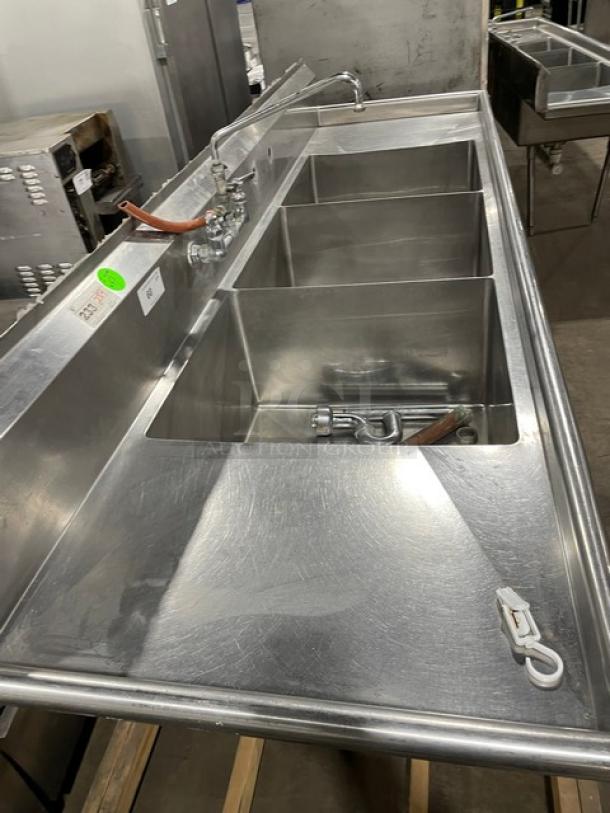 Commercial 3 Bay Dishwashing Sink! With Side Drain Boards! All Stainless Steel! With Faucet! On Legs! - Image 5 of 8