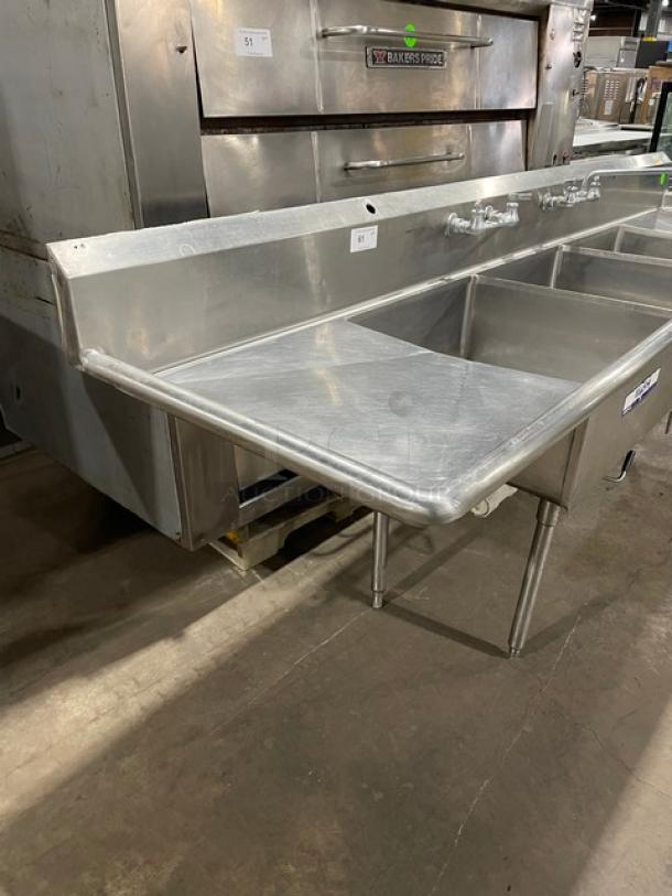Commercial 3 Bay Dishwashing Sink! With Side Drain Boards! All Stainless Steel! With 2 Faucets! On Legs! - Image 2 of 10