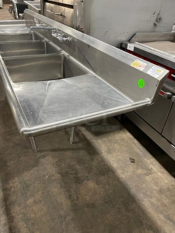 Commercial 3 Bay Dishwashing Sink! With Side Drain Boards! All Stainless Steel! With 2 Faucets! On Legs! - Image 3 of 10