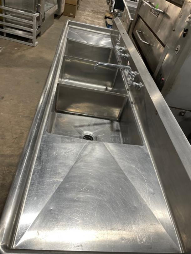 Commercial 3 Bay Dishwashing Sink! With Side Drain Boards! All Stainless Steel! With 2 Faucets! On Legs! - Image 5 of 10