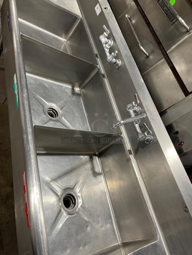 Commercial 3 Bay Dishwashing Sink! With Side Drain Boards! All Stainless Steel! With 2 Faucets! On Legs! - Image 6 of 10