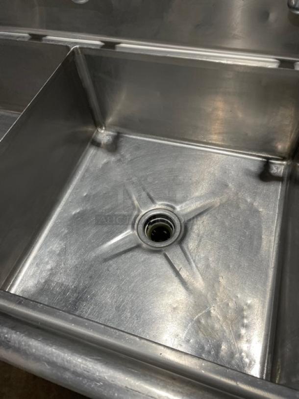 Commercial 3 Bay Dishwashing Sink! With Side Drain Boards! All Stainless Steel! With 2 Faucets! On Legs! - Image 7 of 10