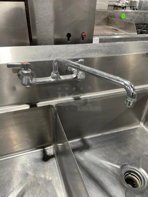 Commercial 3 Bay Dishwashing Sink! With Side Drain Boards! All Stainless Steel! With 2 Faucets! On Legs! - Image 8 of 10