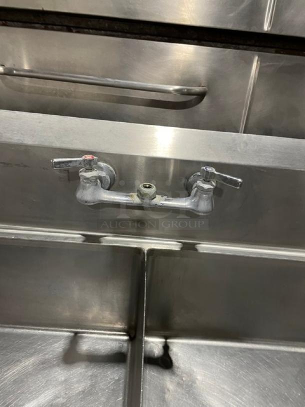 Commercial 3 Bay Dishwashing Sink! With Side Drain Boards! All Stainless Steel! With 2 Faucets! On Legs! - Image 9 of 10
