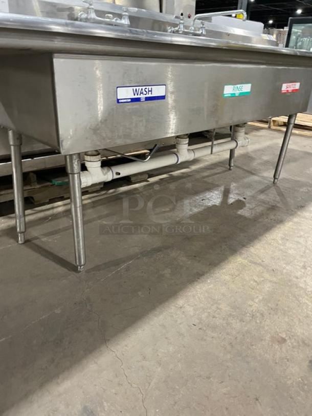 Commercial 3 Bay Dishwashing Sink! With Side Drain Boards! All Stainless Steel! With 2 Faucets! On Legs! - Image 10 of 10