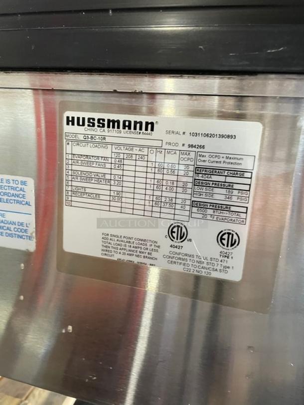 Hussmann Commercial Refrigerated Multi-Deck Meat/Deli Display Case Merchandiser! All Stainless Steel! With Tempered, Non-Glare, Lift-Up Curved Front Glass! With Large Glass Sliding Rear Doors! With LED Lights!  120/208/240V 1 Phase! Model: Q3-BC SN: 1031106201390894 / SN: 1031106201390893! Remote Compressor/No Compressor! - Image 9 of 13