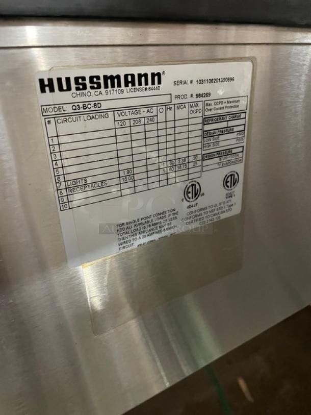 Hussmann Commercial Refrigerated Multi-Deck Meat/Deli Display Case Merchandiser! All Stainless Steel! With Tempered, Non-Glare, Lift-Up Curved Front Glass! With Large Glass Sliding Rear Doors! With LED Lights!  120/208/240V 1 Phase! Model: Q3-BC SN: 1031106201390895 / SN: 1031106201390896! Remote Compressor/No Compressor! 2X Your Bid Makes One Unit! - Image 10 of 11