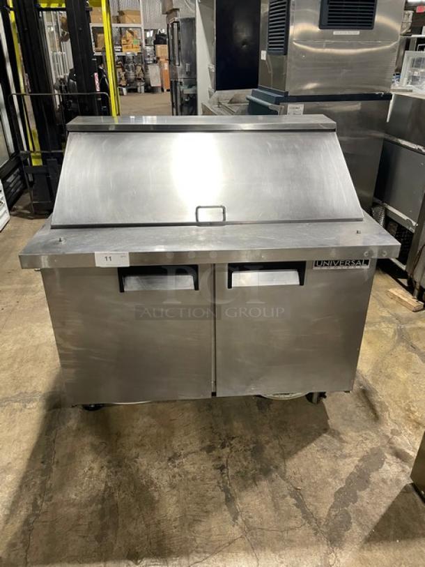 Universal Coolers Commercial Refrigerated Mega Top Salad/Sandwich Prep Table! With 2 Door Refrigerated Storage Underneath! All Stainless Steel!  With Poly Coated Racks! On Casters! 115V! Model: SC-48-BMI! - Image 1 of 9