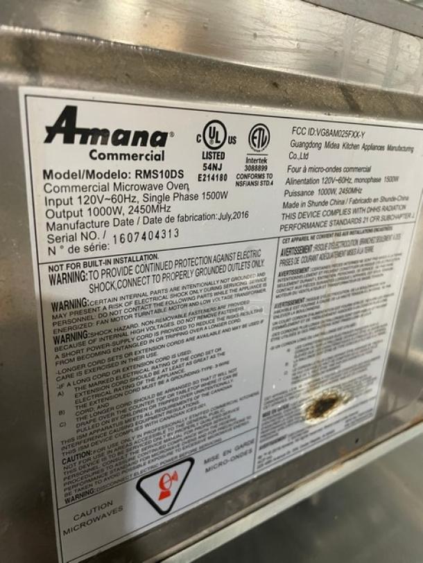 Amana Commercial Stainless Steel Countertop Microwave Oven! On Legs! 120V 1 Phase! Model: RMS10DS SN: 1607404313! - Image 5 of 8