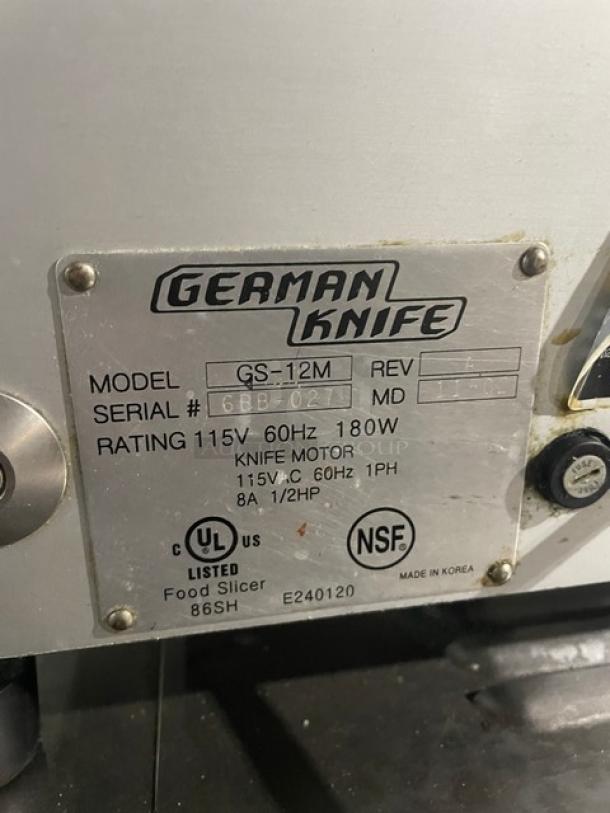 German Knife Commercial Countertop Meat Slicer! All Stainless Steel! On Legs! 115V 1 Phase! Model: GS-12M SN: 6BB-027! - Image 8 of 9