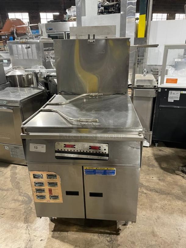 Pitco Frialator Commercial Natural Gas Powered Floor Style Doughnut Fryer! With Reversable Drainboard/Cover! All Stainless Steel! With Safety Handle Hinged Wired Mesh Submerger! On Legs! Model: D024-UPM SN: G05CB006855! - Image 1 of 11