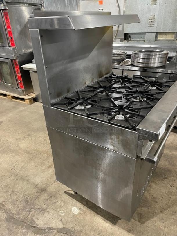 Garland Commercial Natural Gas Powered 6 Burner Range! With Full Sized Oven Underneath! With Back Splash & Overhead Salamander Shelf! All Stainless Steel! On Legs! - Image 4 of 9