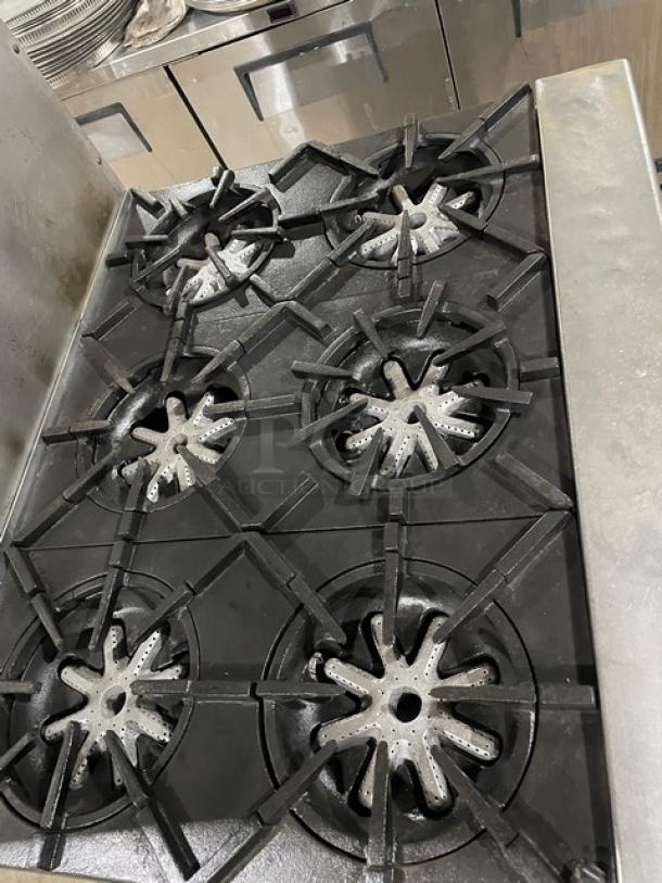 Garland Commercial Natural Gas Powered 6 Burner Range! With Full Sized Oven Underneath! With Back Splash & Overhead Salamander Shelf! All Stainless Steel! On Legs! - Image 5 of 9