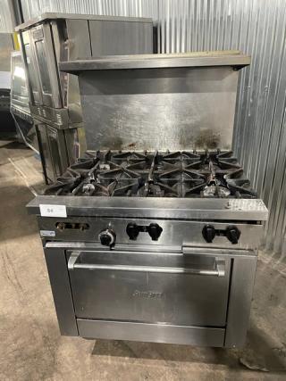 Sunfire Commercial Natural Gas Powered 6 Burner Range! With Full Size Oven Underneath! With Back Splash & Overhead Salamander Shelf! All Stainless Steel! With Metal Oven Rack! On Casters! Model: X36-6R!
