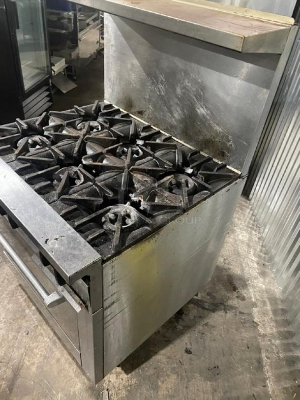 Sunfire Commercial Natural Gas Powered 6 Burner Range! With Full Size Oven Underneath! With Back Splash & Overhead Salamander Shelf! All Stainless Steel! With Metal Oven Rack! On Casters! Model: X36-6R! - Image 2 of 10