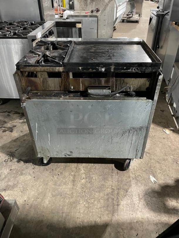 Cook Rite Commercial Natural Gas Powered 2 Burner Range Split Top With Flat Griddle! With Full Sized Oven Underneath! With Back Splash & Overhead Salamander Shelf! All Stainless Steel! On Casters! - Image 3 of 13