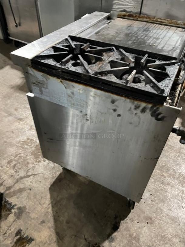Cook Rite Commercial Natural Gas Powered 2 Burner Range Split Top With Flat Griddle! With Full Sized Oven Underneath! With Back Splash & Overhead Salamander Shelf! All Stainless Steel! On Casters! - Image 4 of 13