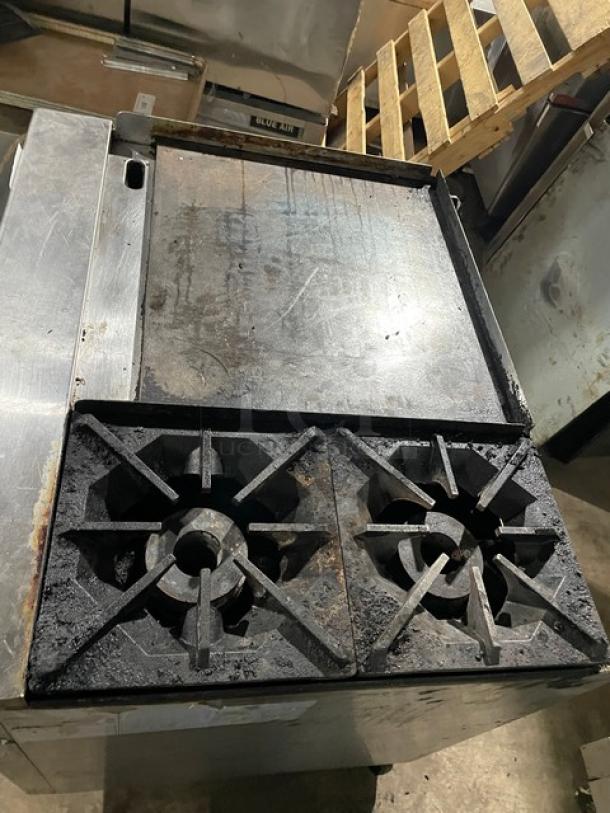 Cook Rite Commercial Natural Gas Powered 2 Burner Range Split Top With Flat Griddle! With Full Sized Oven Underneath! With Back Splash & Overhead Salamander Shelf! All Stainless Steel! On Casters! - Image 5 of 13