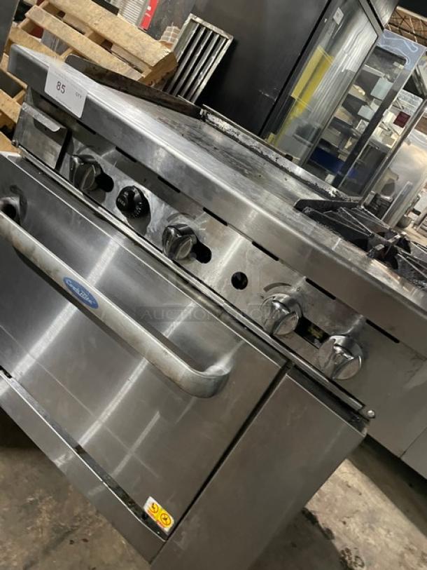 Cook Rite Commercial Natural Gas Powered 2 Burner Range Split Top With Flat Griddle! With Full Sized Oven Underneath! With Back Splash & Overhead Salamander Shelf! All Stainless Steel! On Casters! - Image 9 of 13