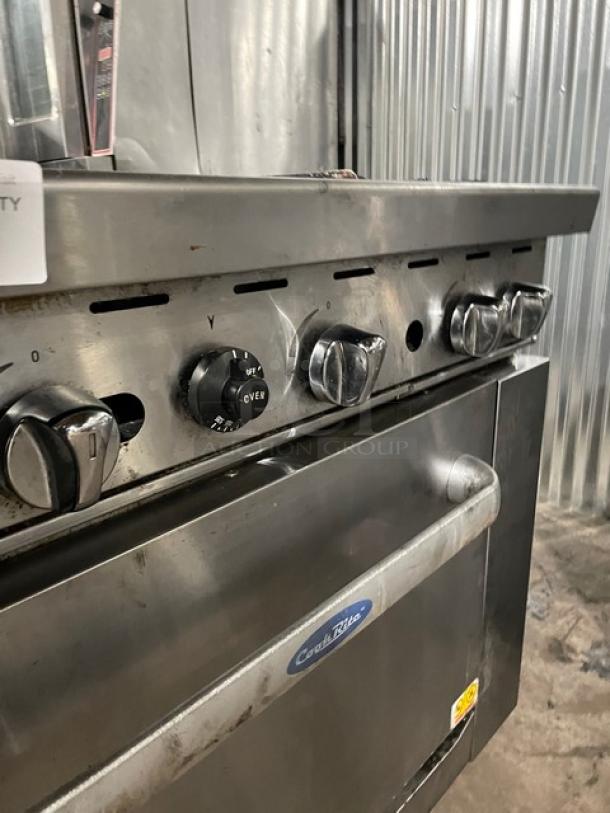 Cook Rite Commercial Natural Gas Powered 2 Burner Range Split Top With Flat Griddle! With Full Sized Oven Underneath! With Back Splash & Overhead Salamander Shelf! All Stainless Steel! On Casters! - Image 10 of 13