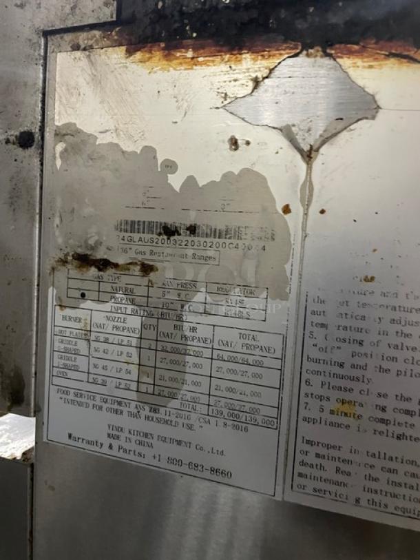 Cook Rite Commercial Natural Gas Powered 2 Burner Range Split Top With Flat Griddle! With Full Sized Oven Underneath! With Back Splash & Overhead Salamander Shelf! All Stainless Steel! On Casters! - Image 11 of 13