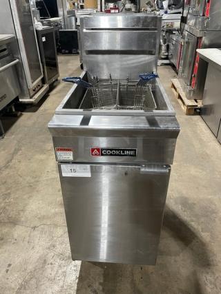 Cookline Commercial Natural Gas Powered Floor Style Deep Fat Fryer! With Backsplash! All Stainless Steel! With 2 Frying Baskets! On Legs!