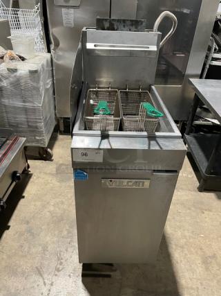 Vulcan Commercial Natural Gas Powered Floor Style Deep Fat Fryer! With Back Splash! All Stainless Steel! With 2 Frying Baskets! On Legs! Working When Removed!
