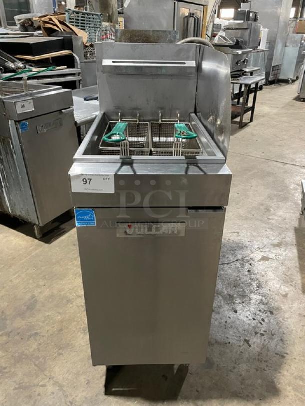 Vulcan Commercial Natural Gas Powered Floor Style Deep Fat Fryer! With Back & Side Splash! All Stainless Steel! With 2 Frying Baskets! On Legs! Working When Removed! - Image 1 of 8